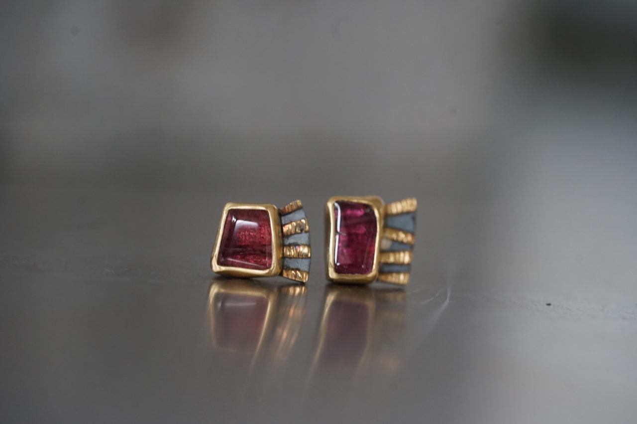 Fuchsia tourmaline and 22k gold asymmetrical post earrings