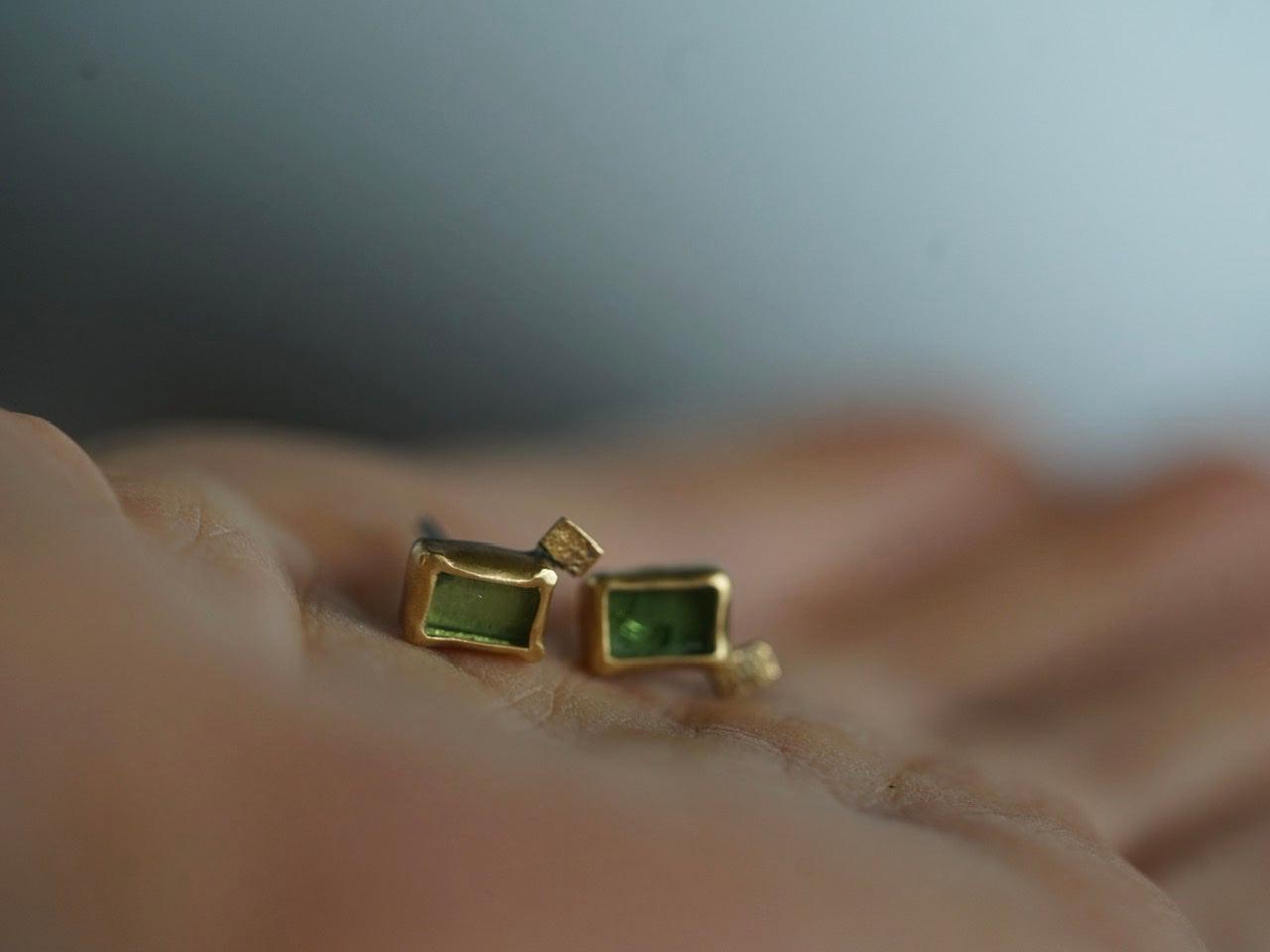 Small green tourmaline and 22k gold post earrings