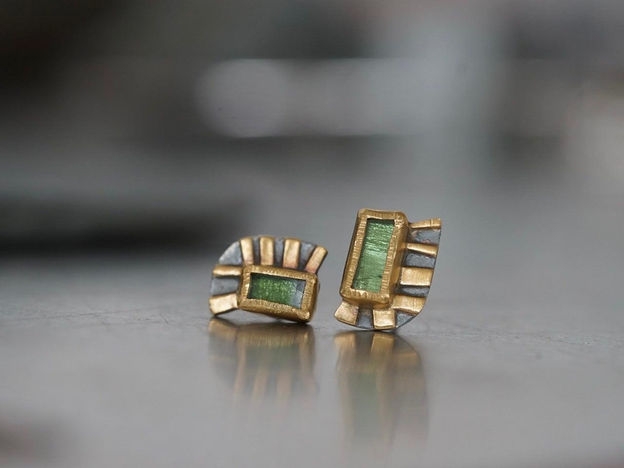 Unique green tourmaline and 22k gold post earrings