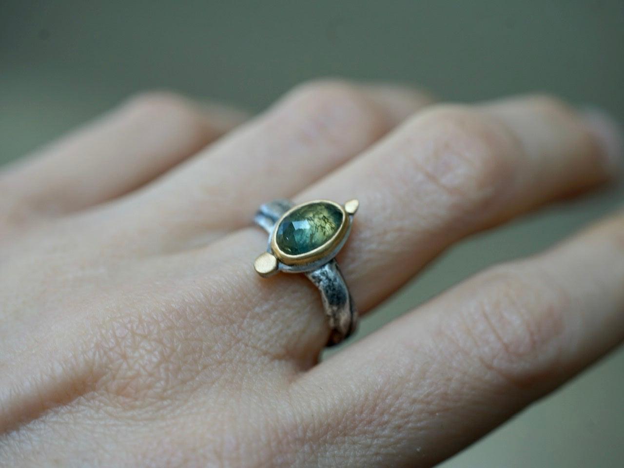 Elegant semi-translucent green sapphire and 22k gold ring, size 7