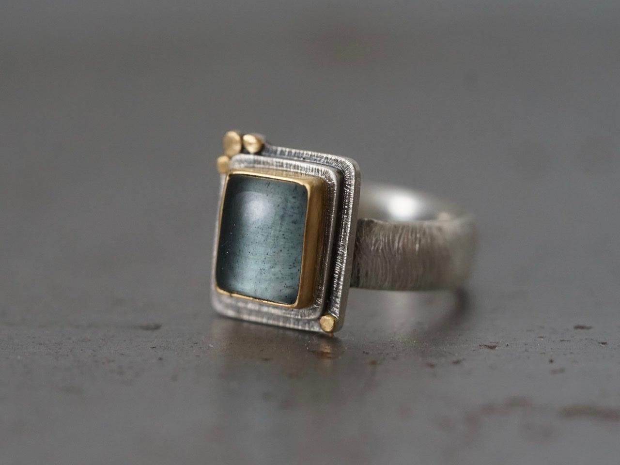 Rectangular aquamarine and 22k gold statement ring, size 7.5