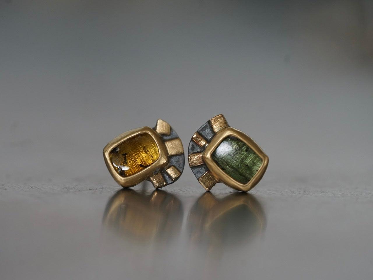 Green and yellow tourmaline with22k gold post earrings