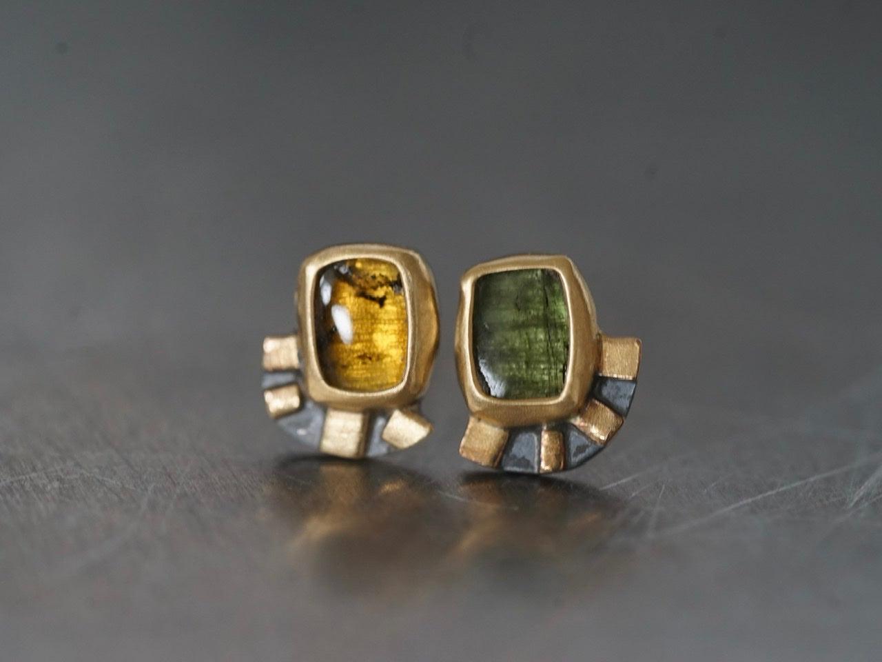 Green and yellow tourmaline with22k gold post earrings