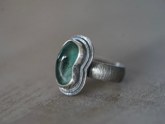 Carved teal tourmaline ring, size 7.25