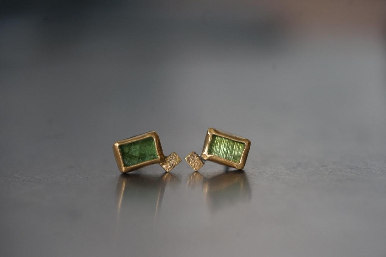 Small green tourmaline and 22k gold post earrings