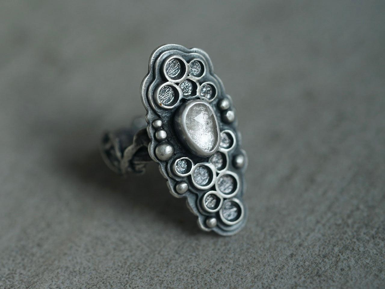 White spinel multilayered sterling silver statement ring, size 6.5