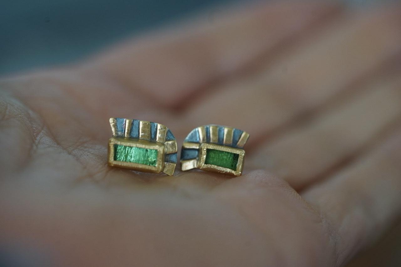 Unique green tourmaline and 22k gold post earrings