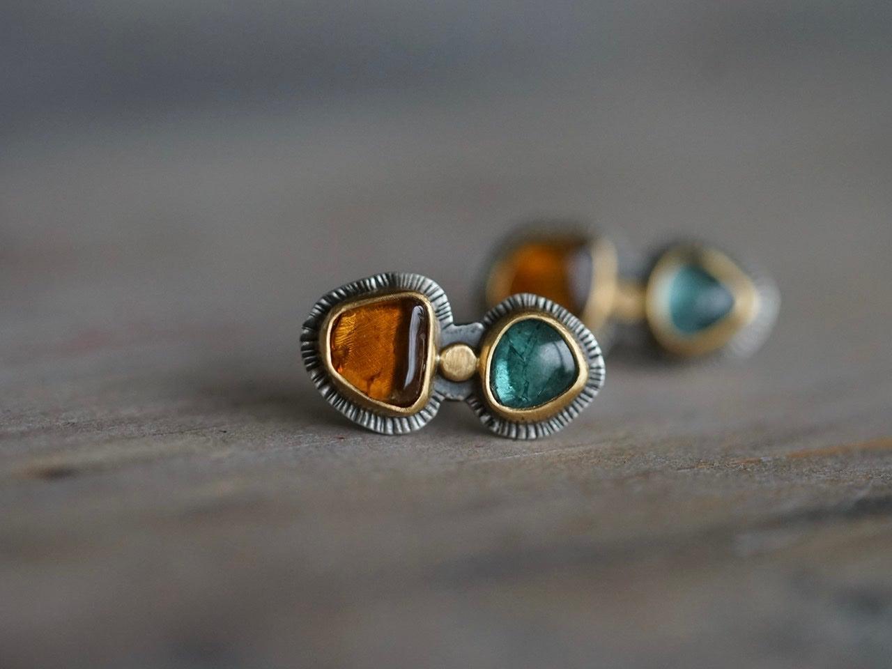 Teal and ochre tourmaline in 22k gold post earrings