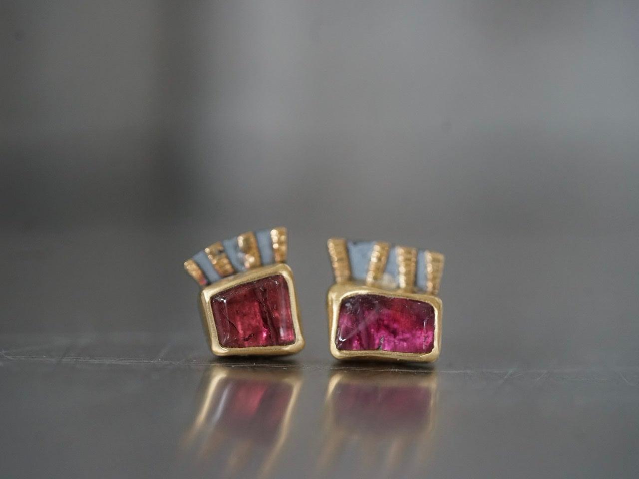 Fuchsia tourmaline and 22k gold asymmetrical post earrings