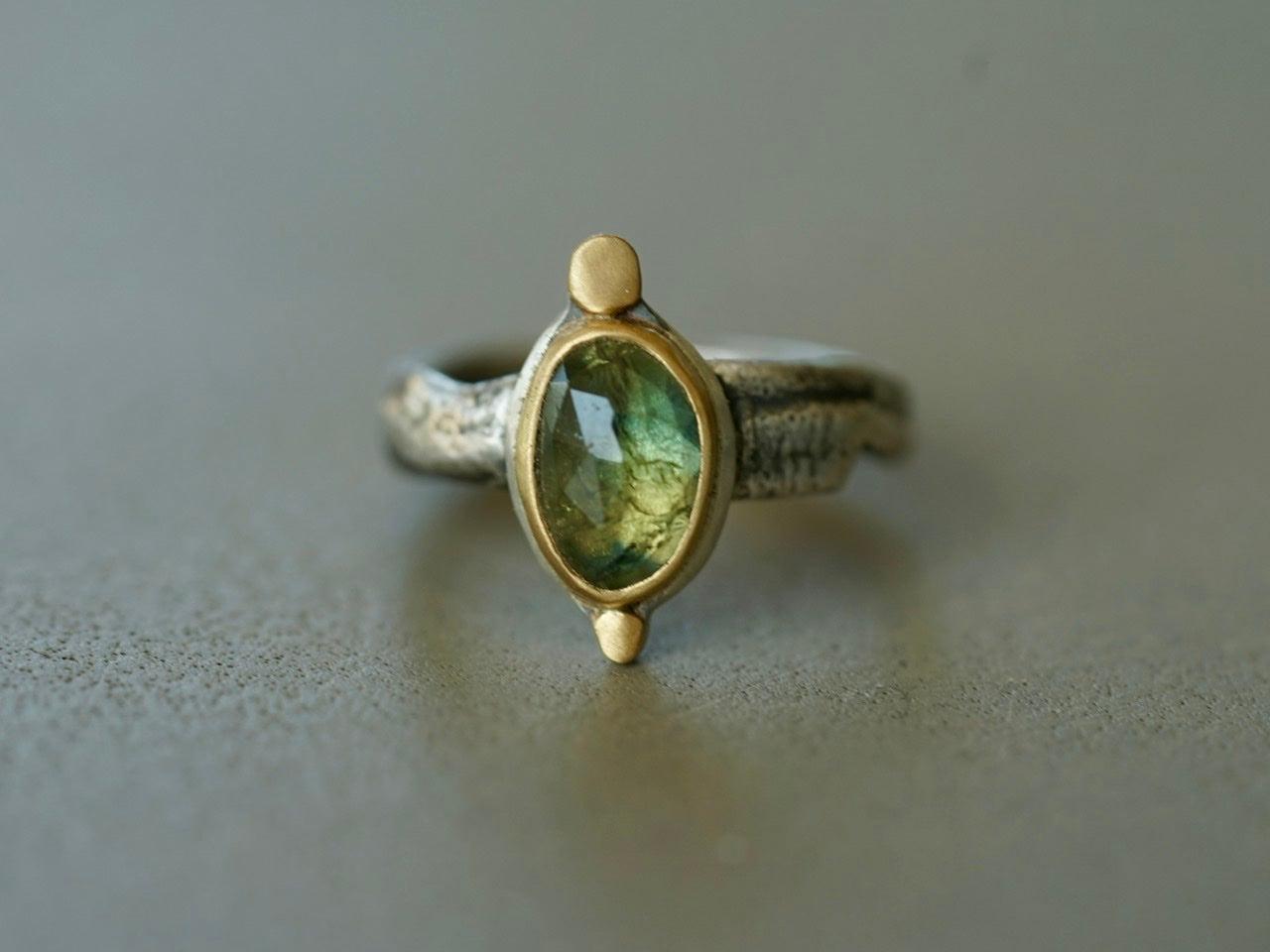 Elegant semi-translucent green sapphire and 22k gold ring, size 7