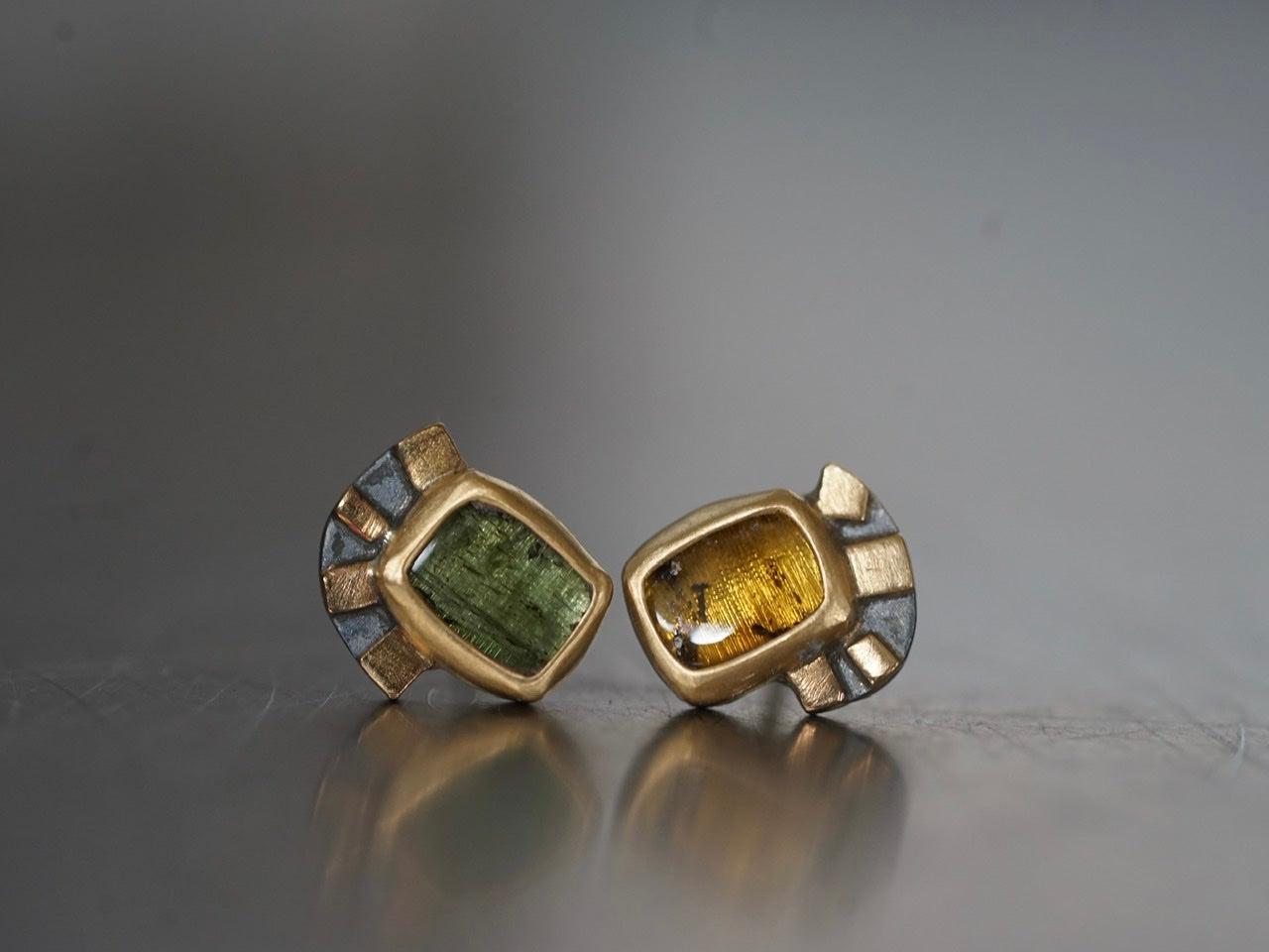 Green and yellow tourmaline with22k gold post earrings