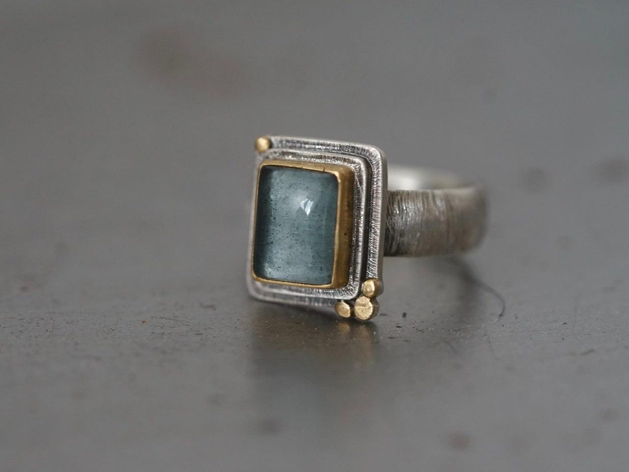 Rectangular aquamarine and 22k gold statement ring, size 7.5