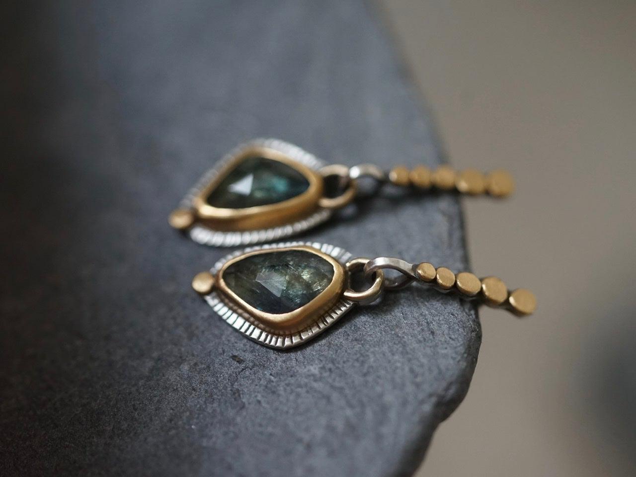 Blue green sapphire and 22k gold earrings