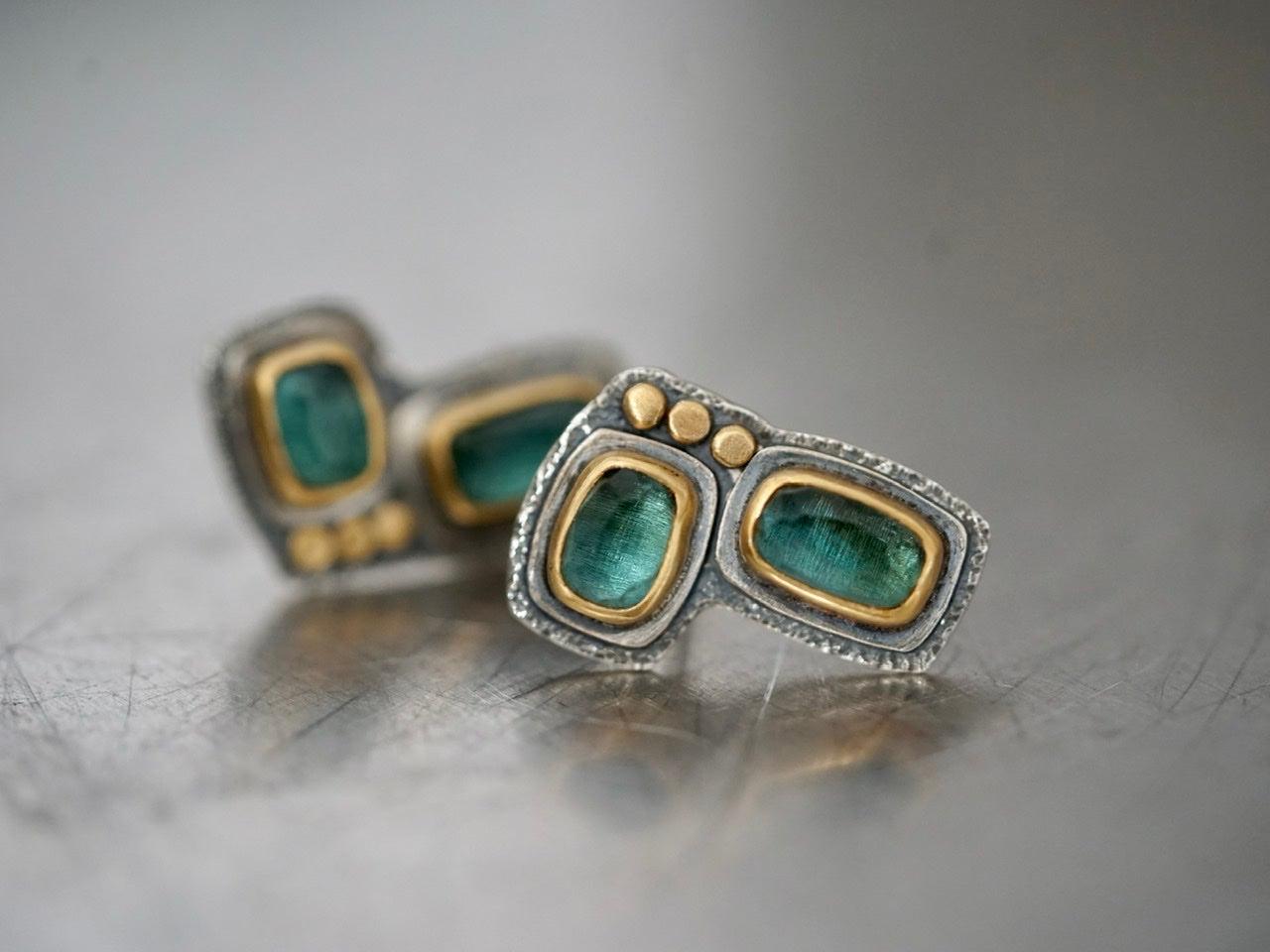 Teal blue tourmaline and 22k gold post earrings