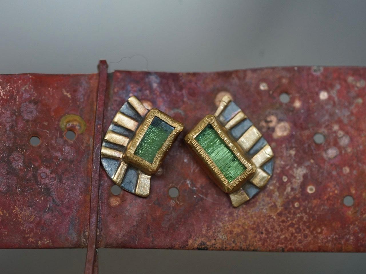 Unique green tourmaline and 22k gold post earrings