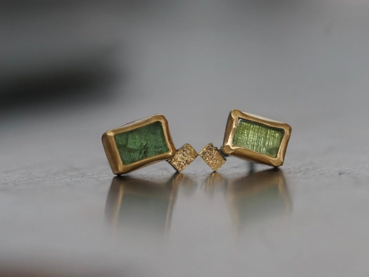 Small green tourmaline and 22k gold post earrings