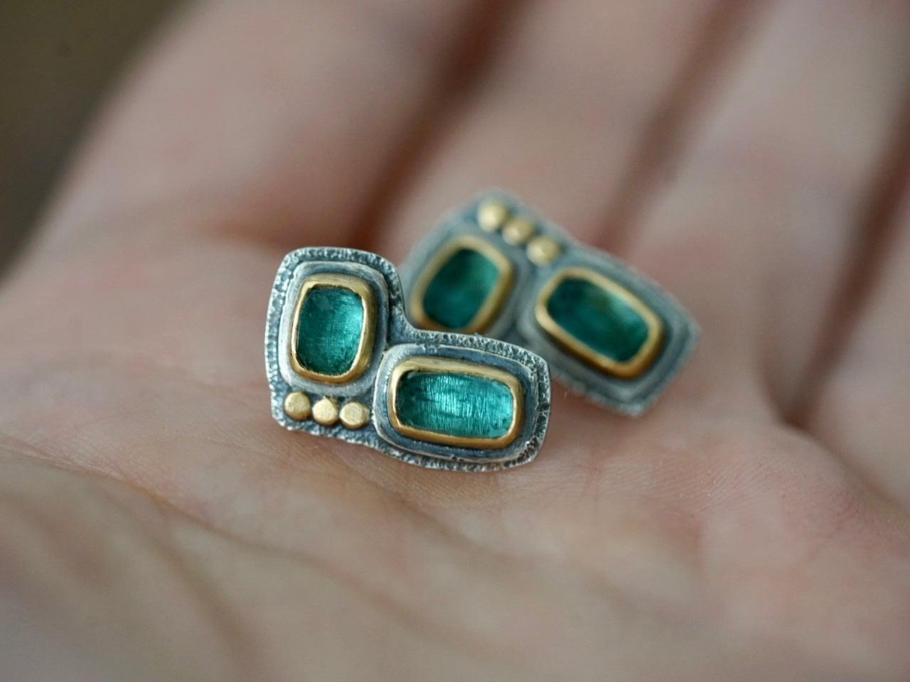 Teal blue tourmaline and 22k gold post earrings