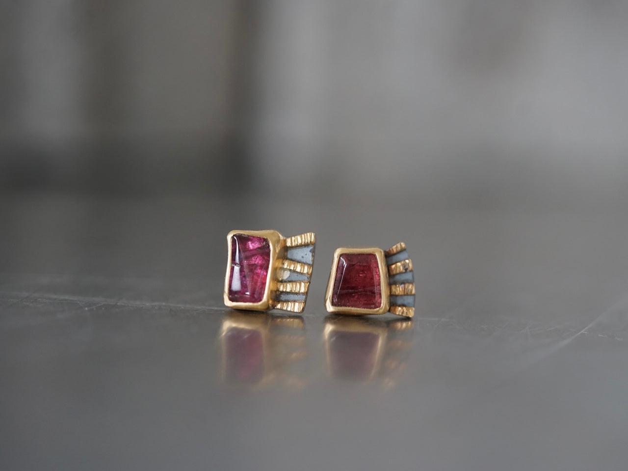 Fuchsia tourmaline and 22k gold asymmetrical post earrings