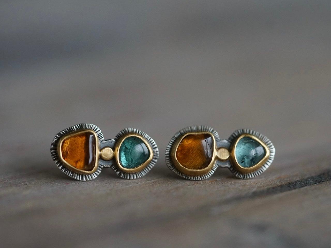 Teal and ochre tourmaline in 22k gold post earrings