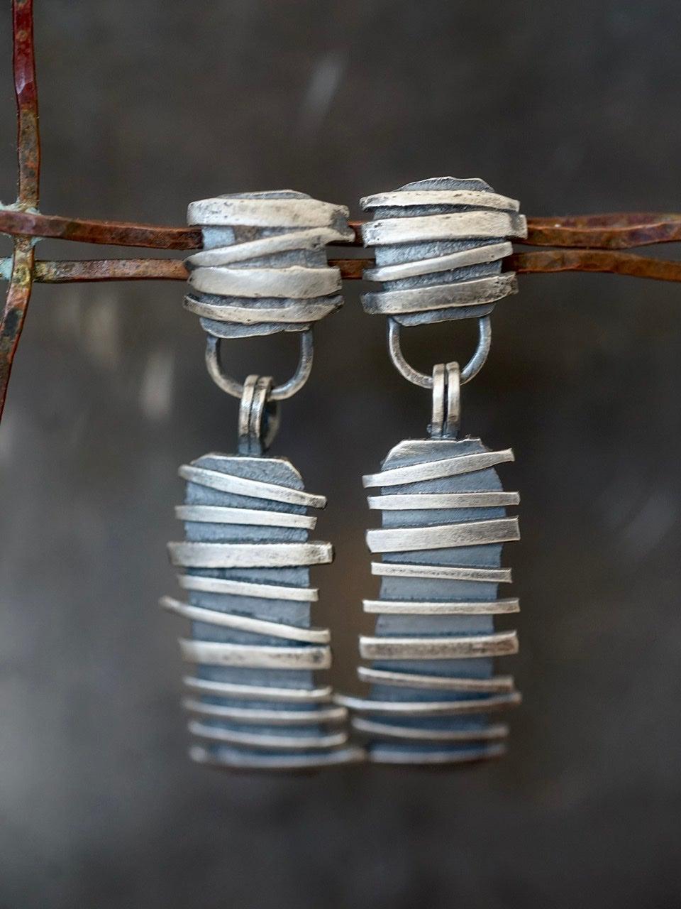 Remnants/ withered series, horizontal  stripes sterling silver earrings