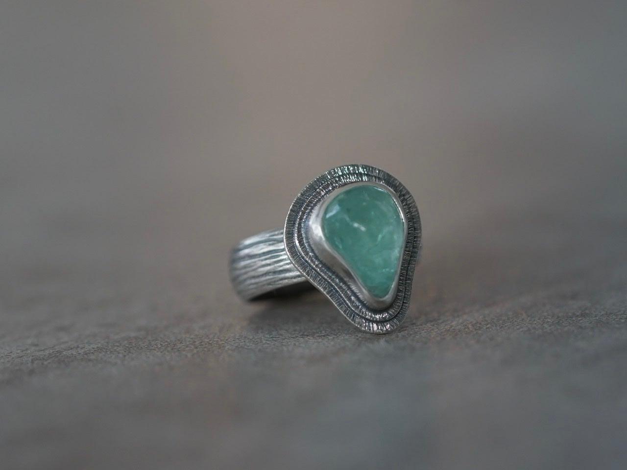 Carved aqua blue tourmaline ring, size 6.75