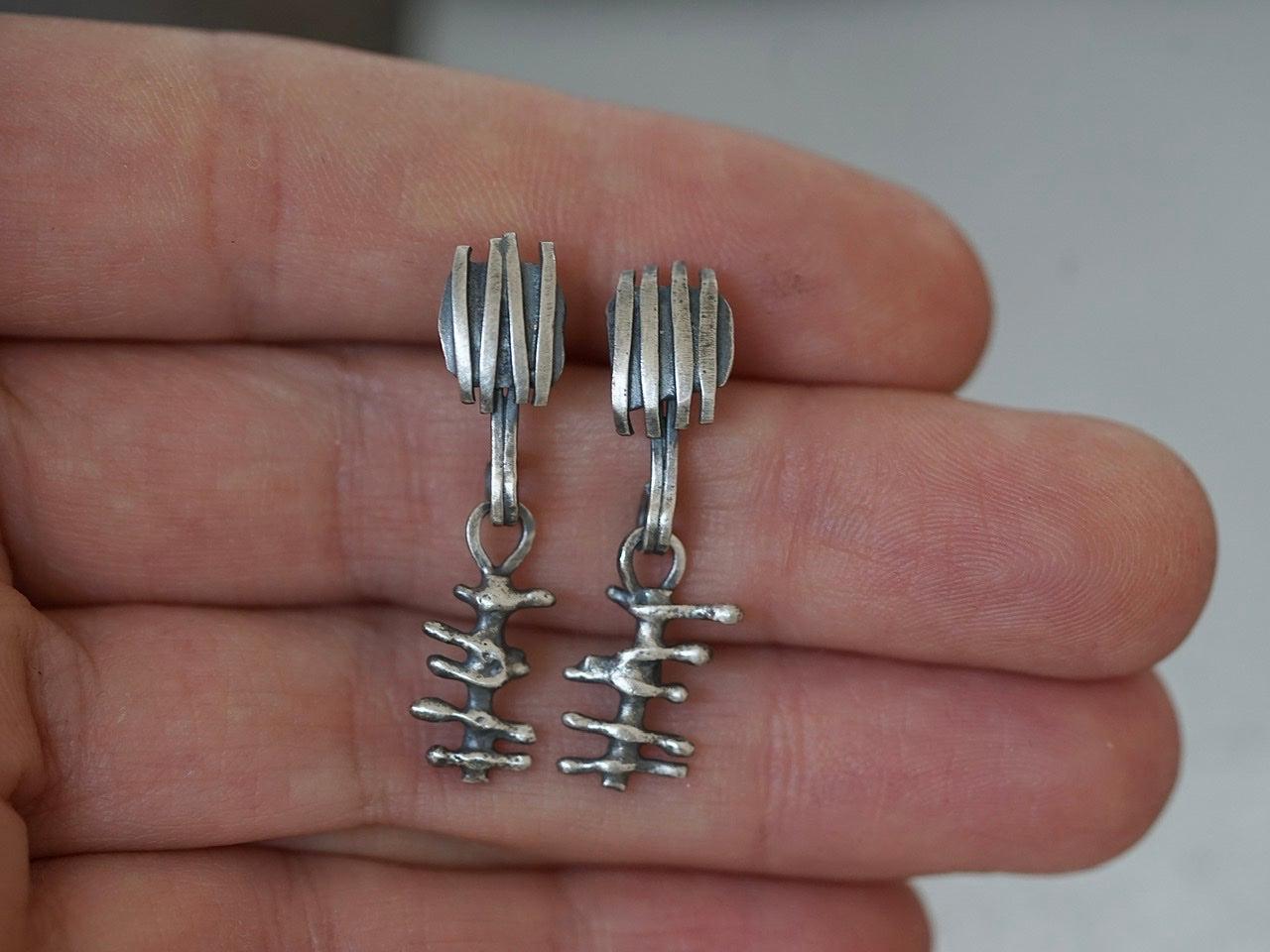 Remnants/ withered series, small skeletal sterling silver earrings