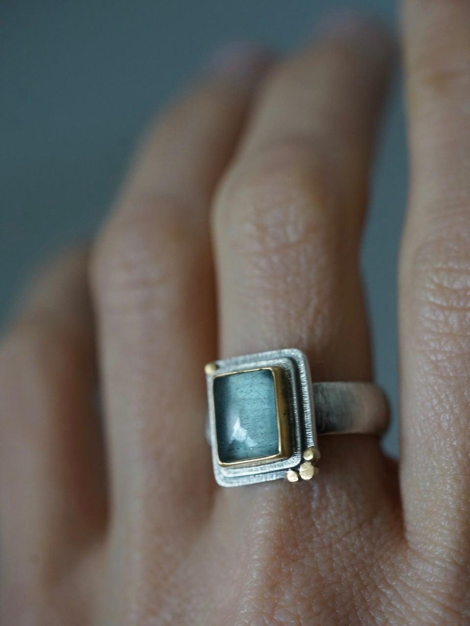 Rectangular aquamarine and 22k gold statement ring, size 7.5