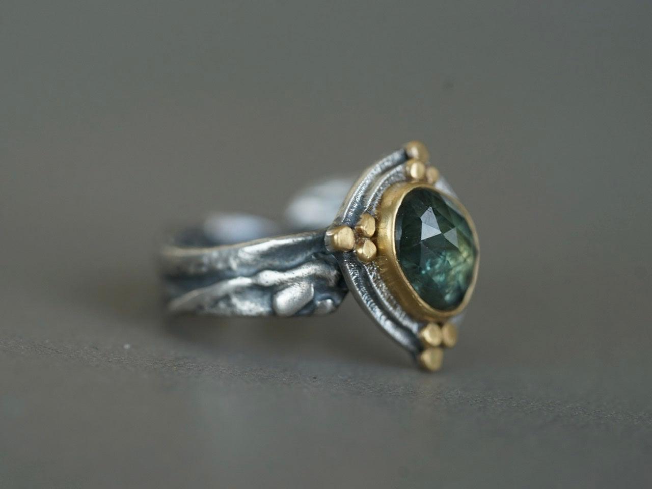 Opulent semi-translucent green blue sapphire an 22k gold ring, size 7