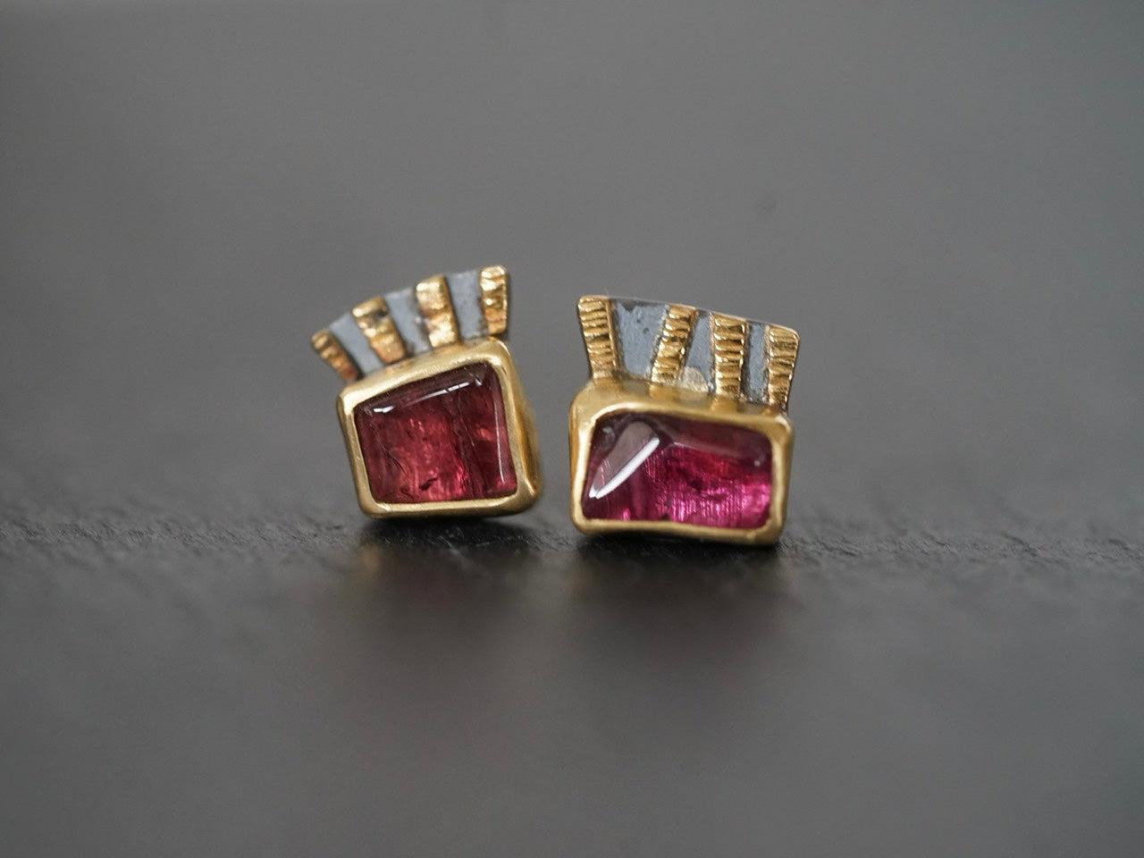 Fuchsia tourmaline and 22k gold asymmetrical post earrings