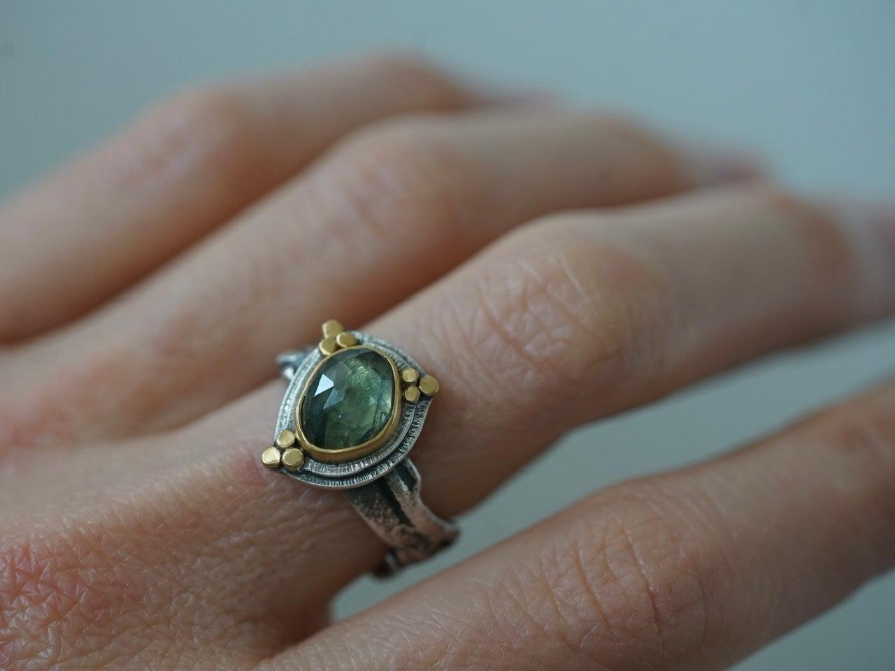 Opulent semi-translucent green blue sapphire an 22k gold ring, size 7