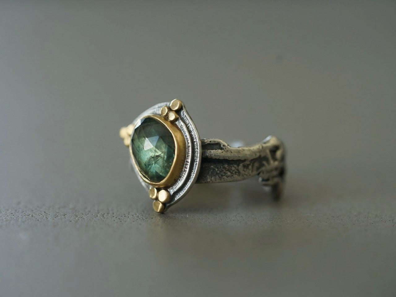 Opulent semi-translucent green blue sapphire an 22k gold ring, size 7