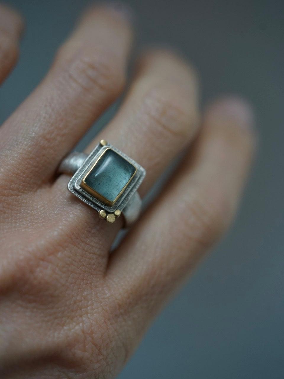 Rectangular aquamarine and 22k gold statement ring, size 7.5