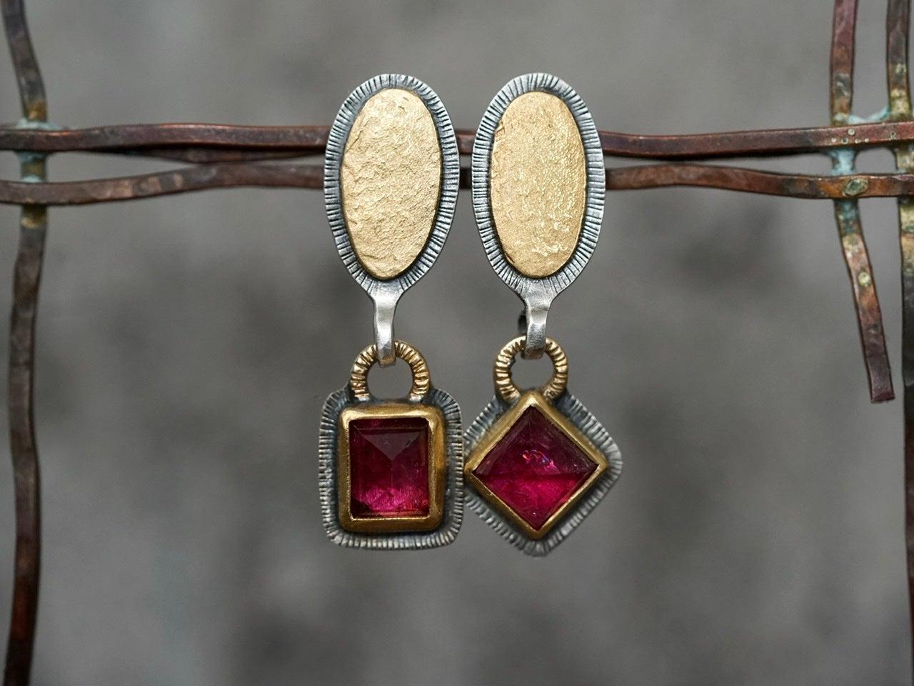 Asymmetrical pink tourmaline and 218K gold earrings