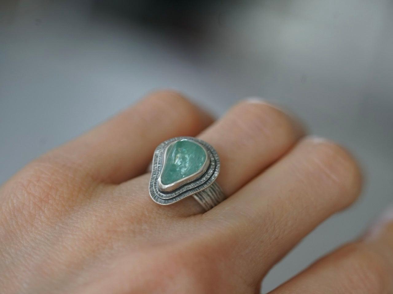 Carved aqua blue tourmaline ring, size 6.75