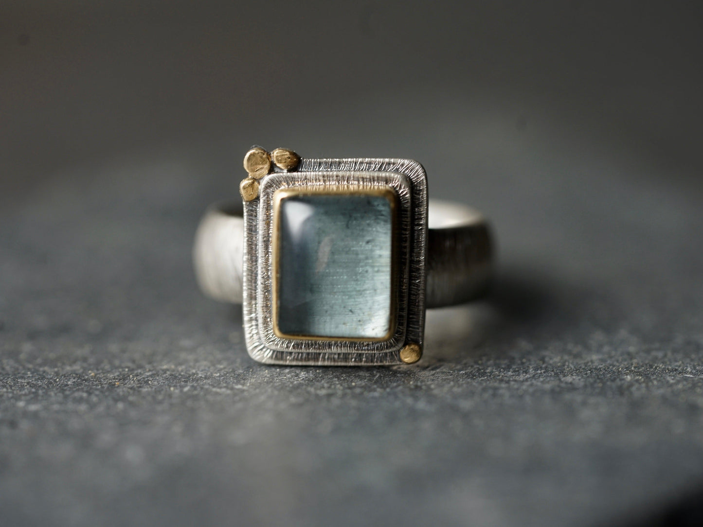 Rectangular aquamarine and 22k gold statement ring, size 7.5