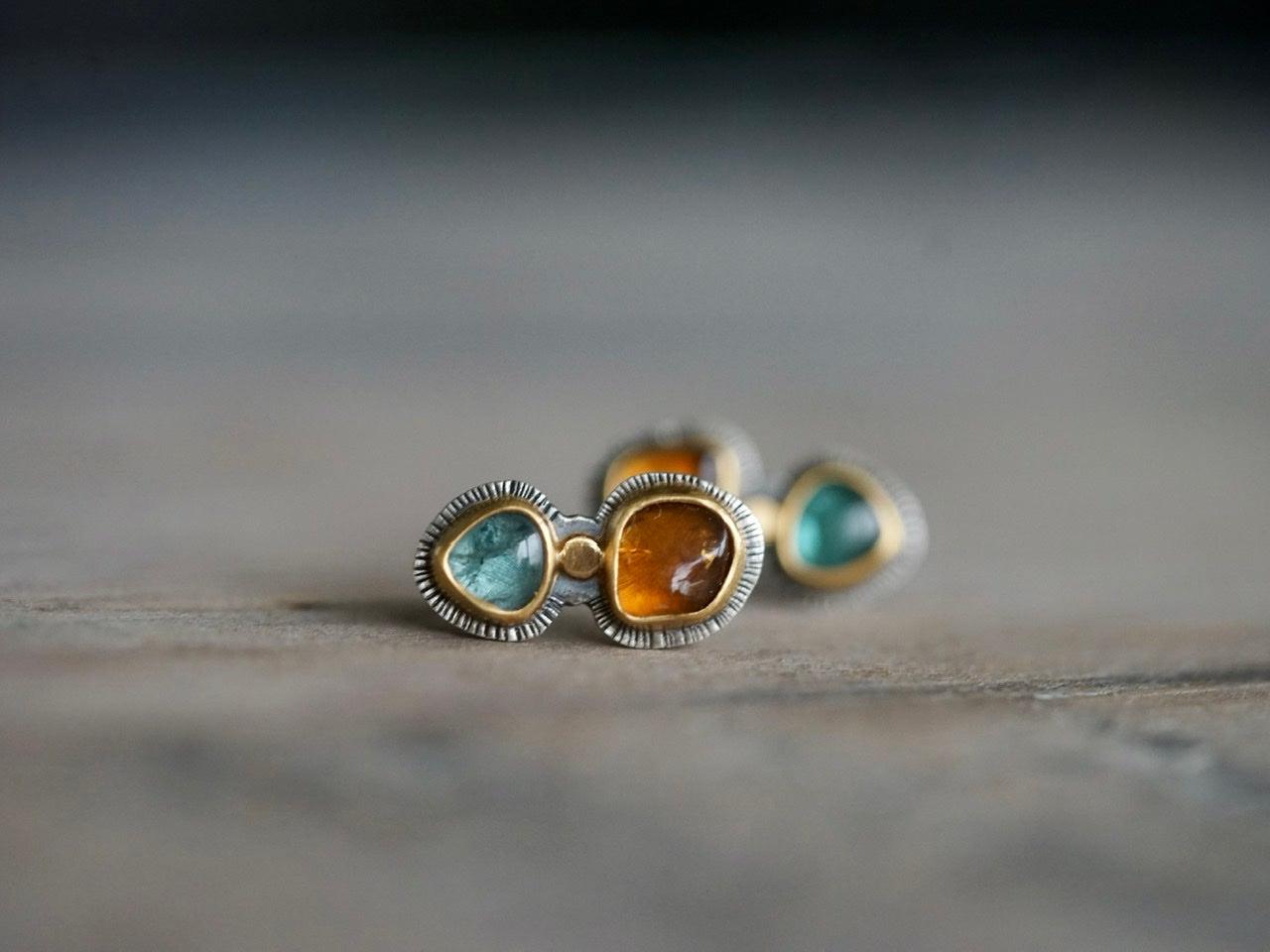 Teal and ochre tourmaline in 22k gold post earrings