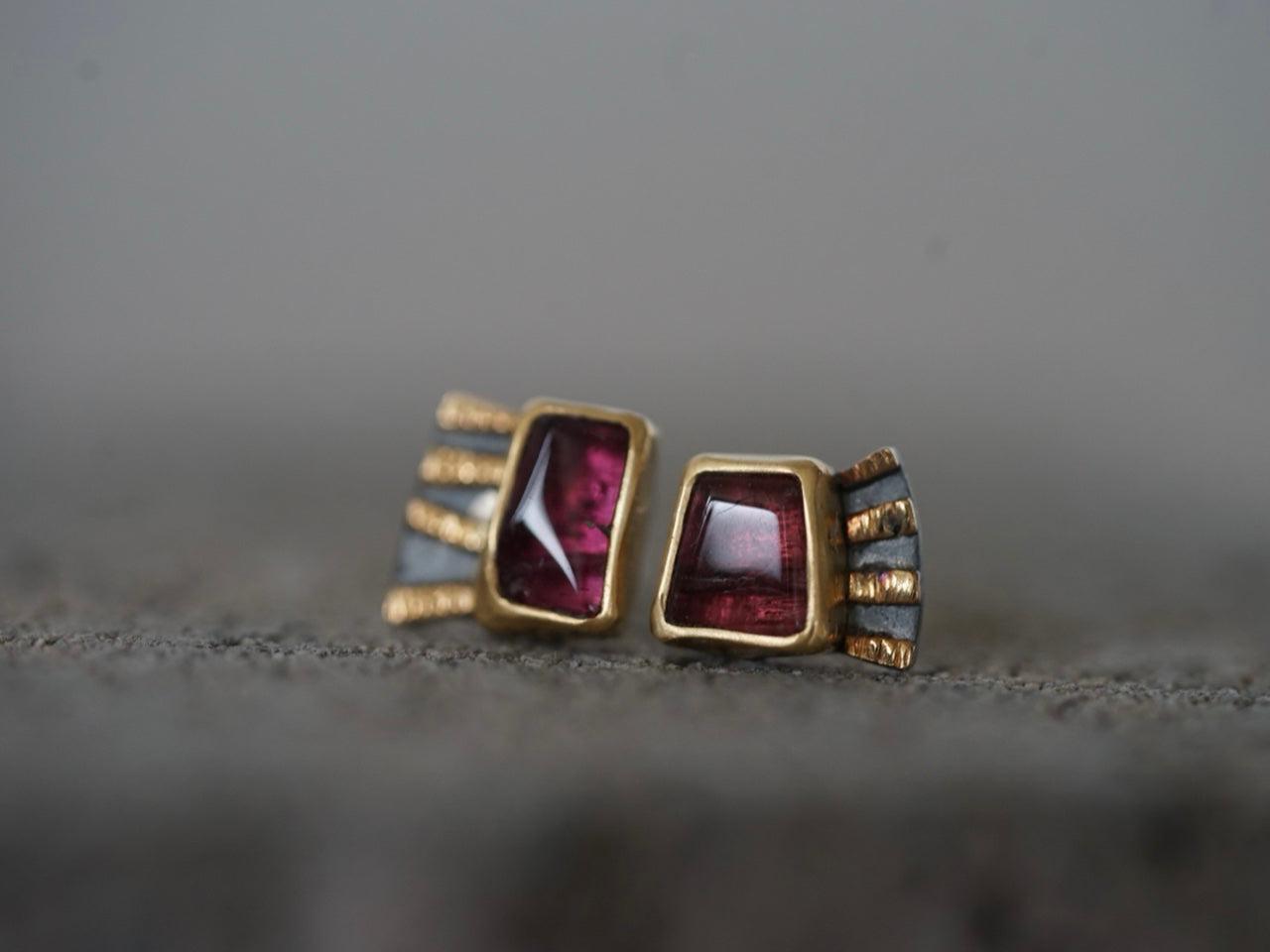 Fuchsia tourmaline and 22k gold asymmetrical post earrings