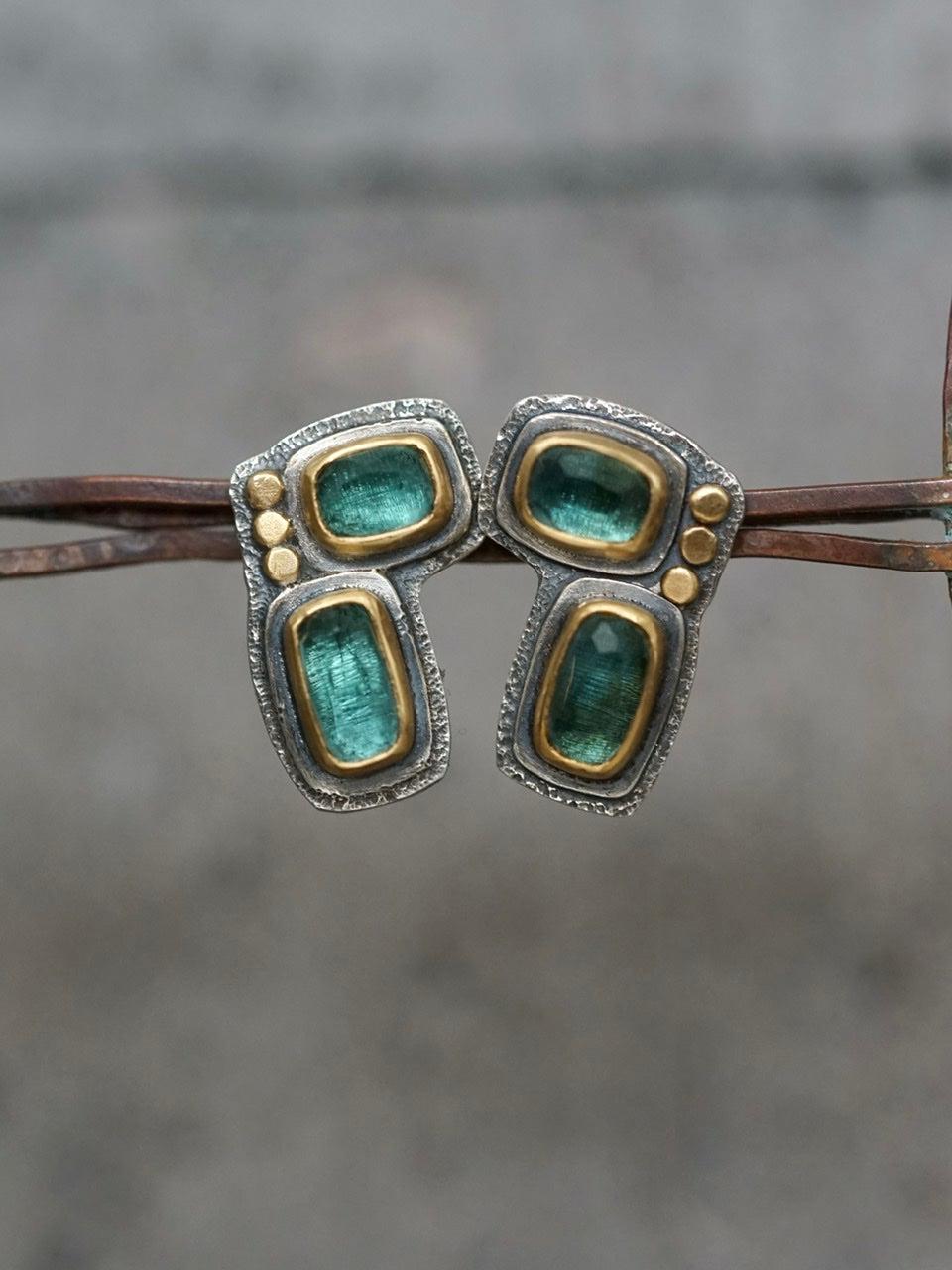 Teal blue tourmaline and 22k gold post earrings