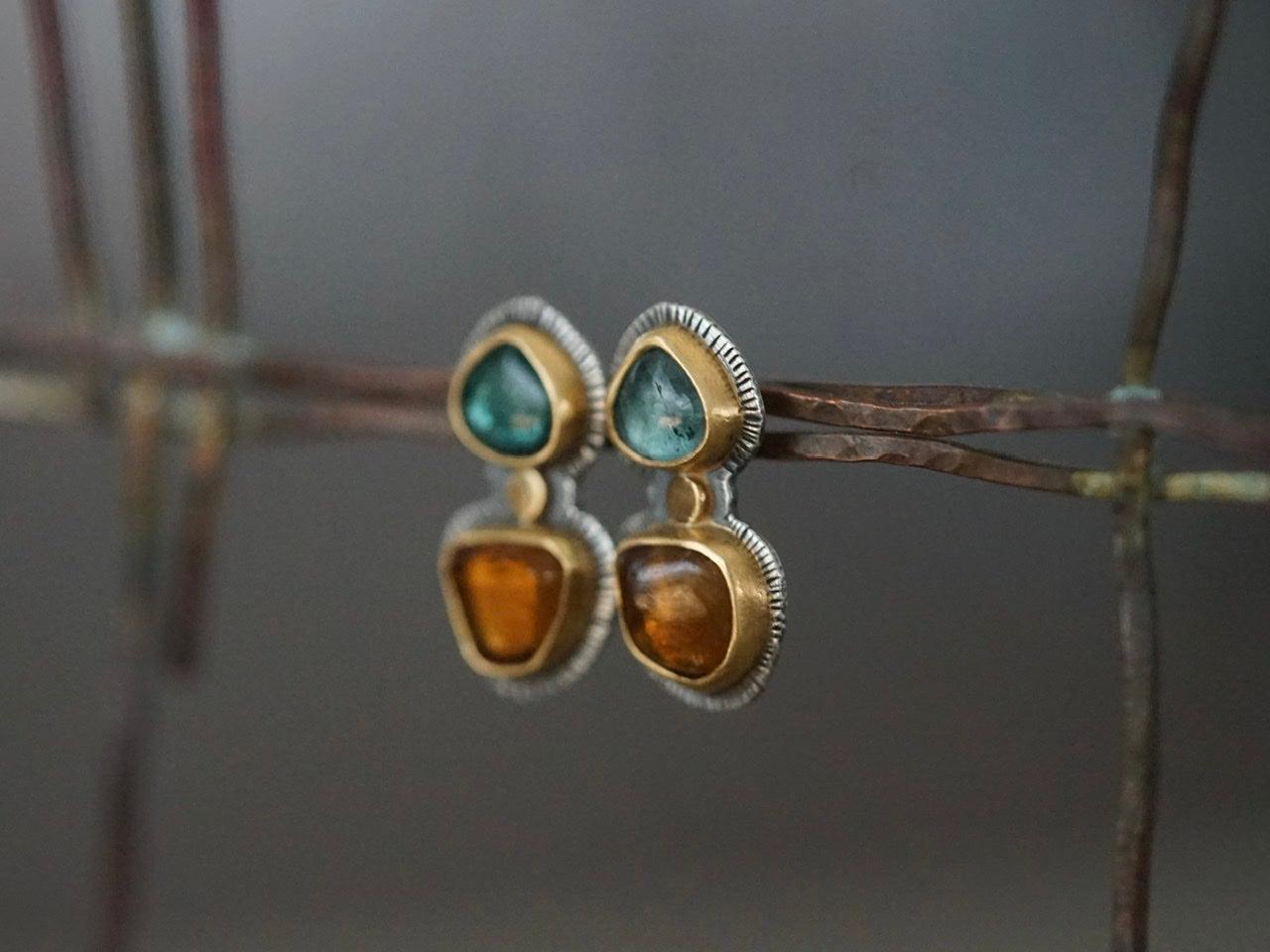 Teal and ochre tourmaline in 22k gold post earrings