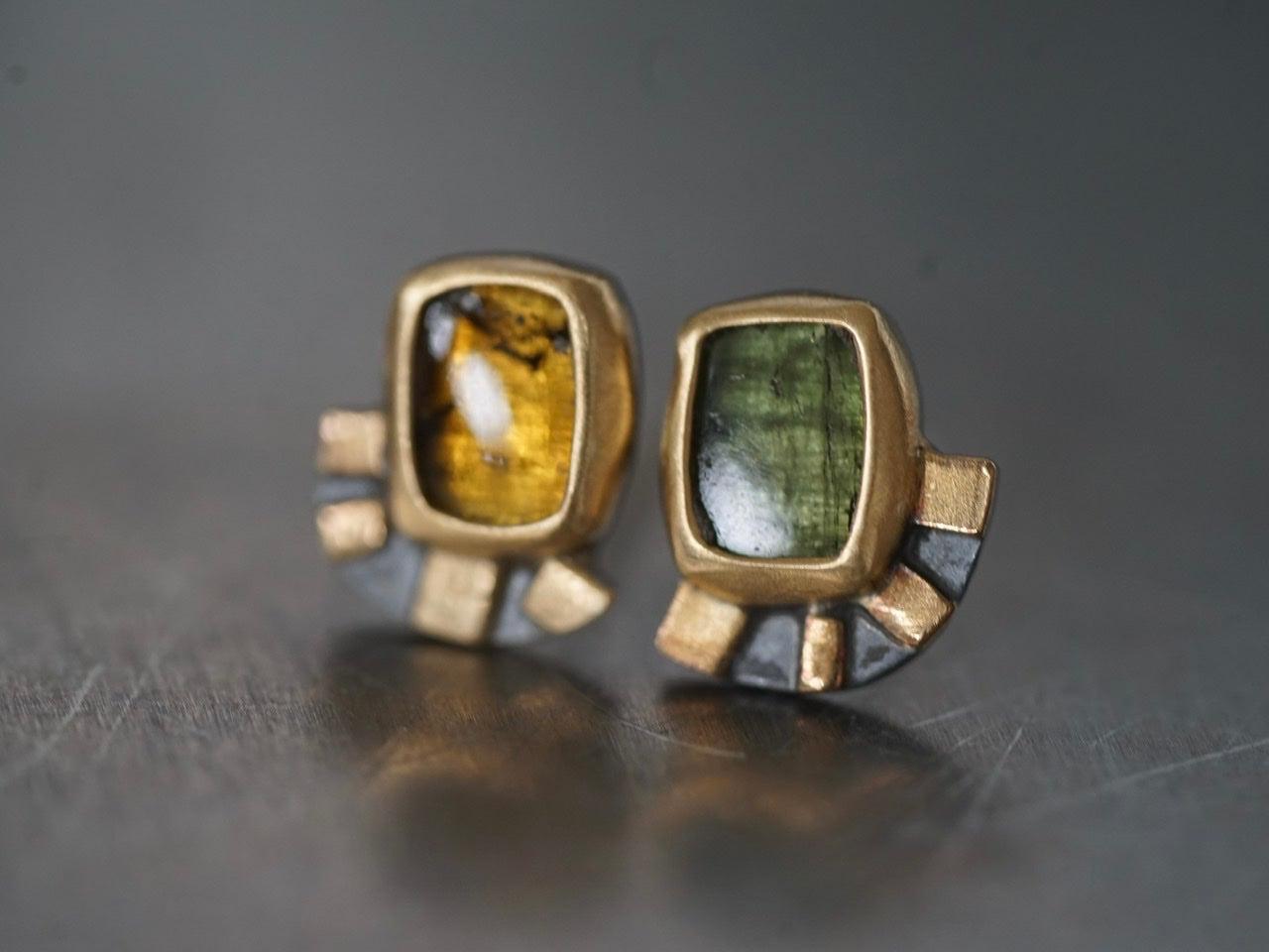 Green and yellow tourmaline with22k gold post earrings