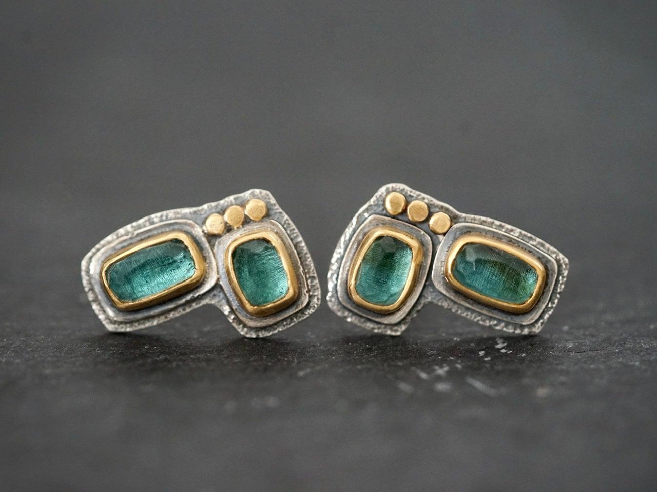 Teal blue tourmaline and 22k gold post earrings