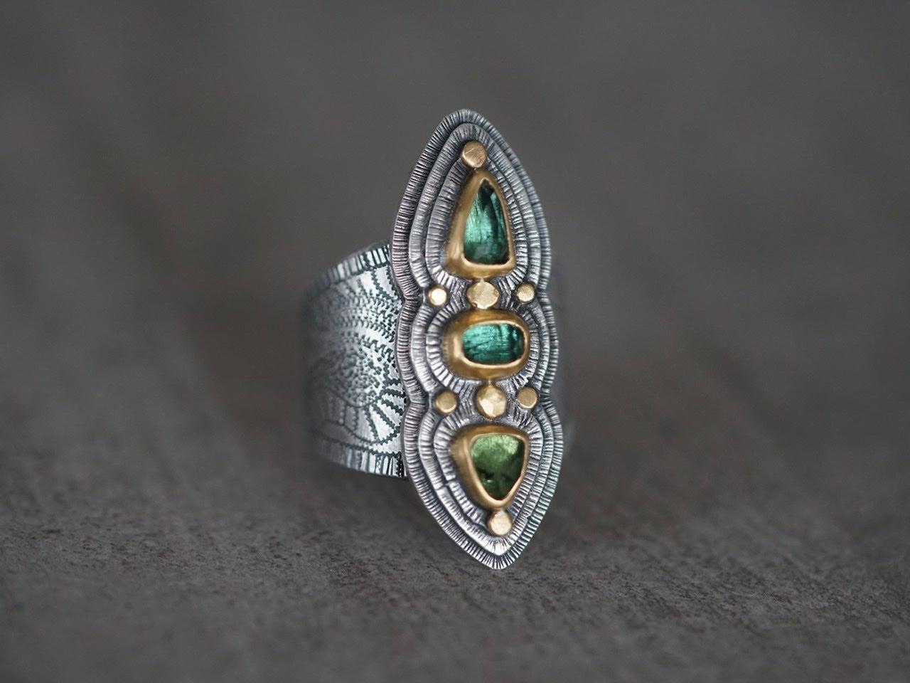 Wide green tourmaline statement ring, size 8.25