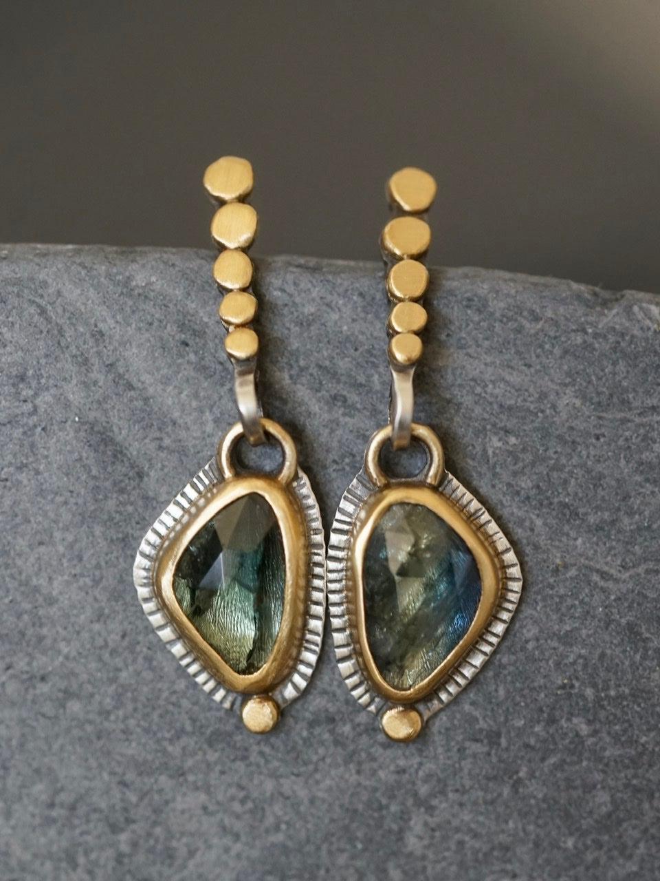 Blue green sapphire and 22k gold earrings