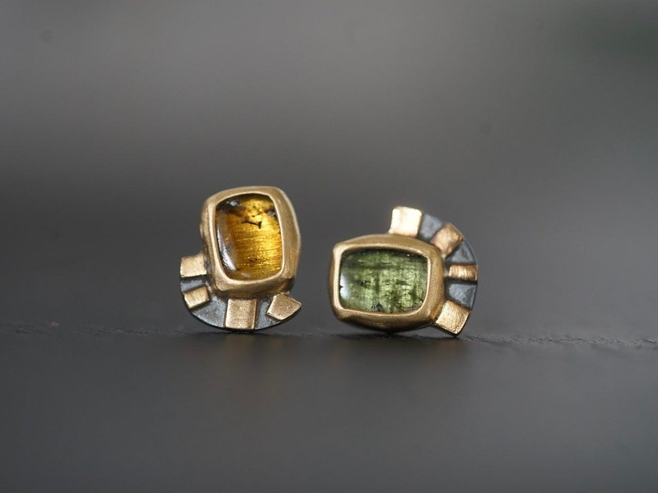 Green and yellow tourmaline with22k gold post earrings