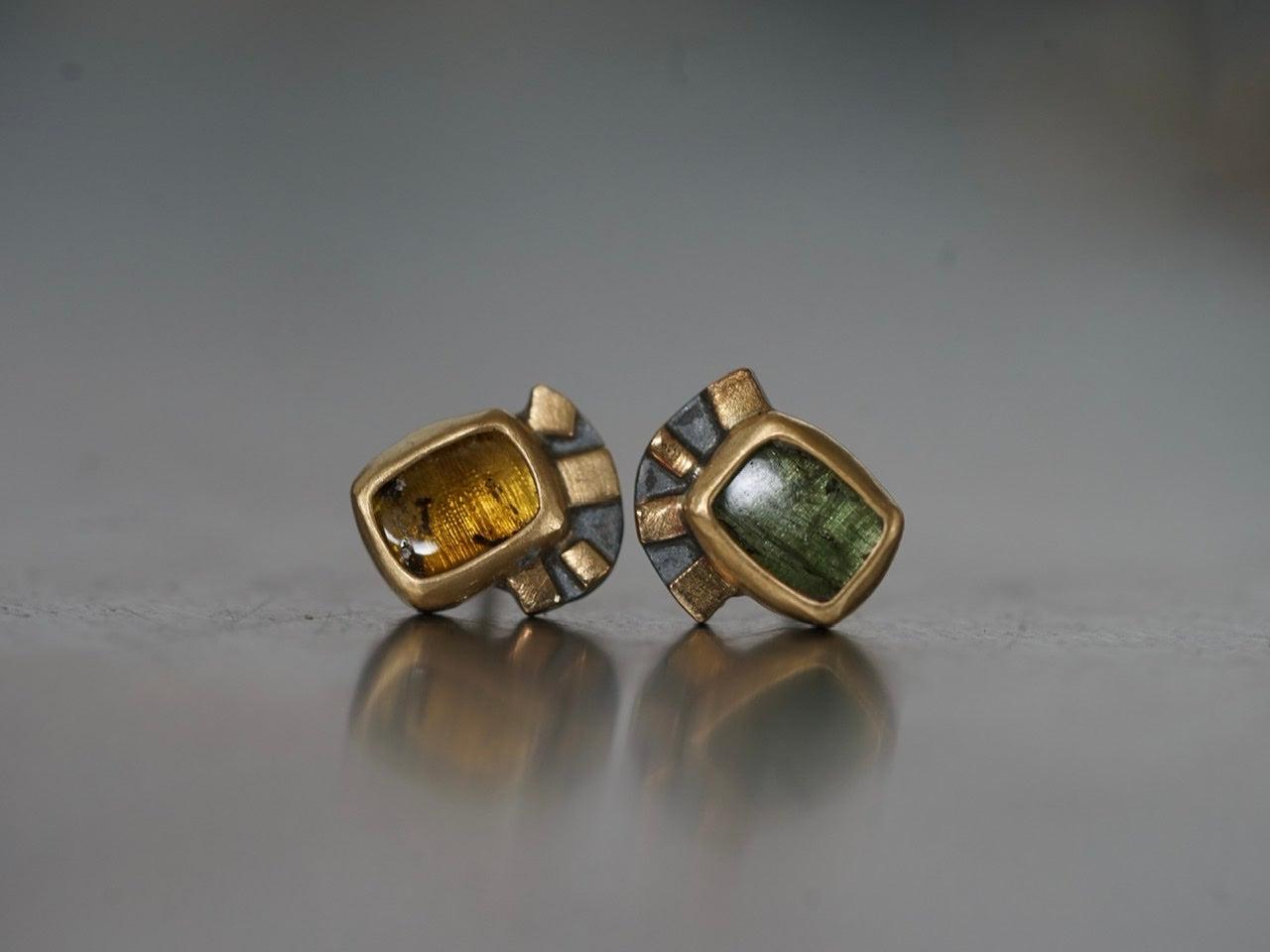 Green and yellow tourmaline with22k gold post earrings