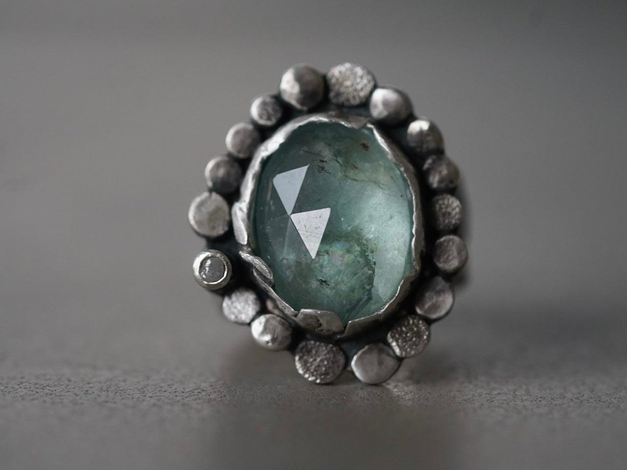 Large aquamarine and raw diamond statement ring size 9.5