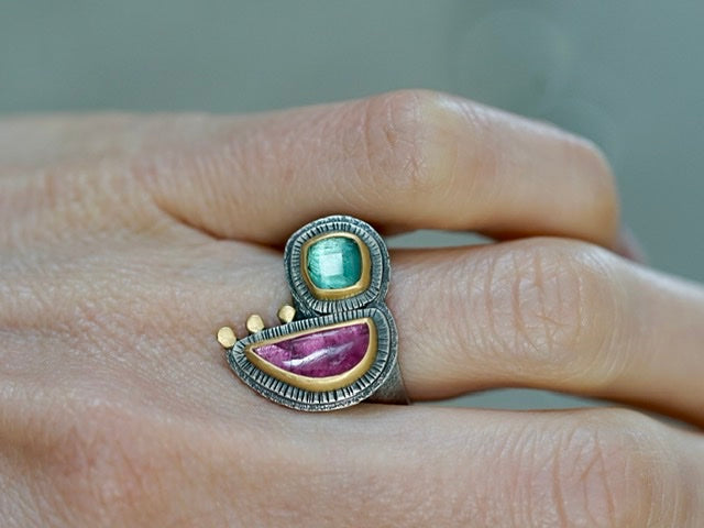 Exquisite pink and aqua blue tourmaline statement ring, size 6