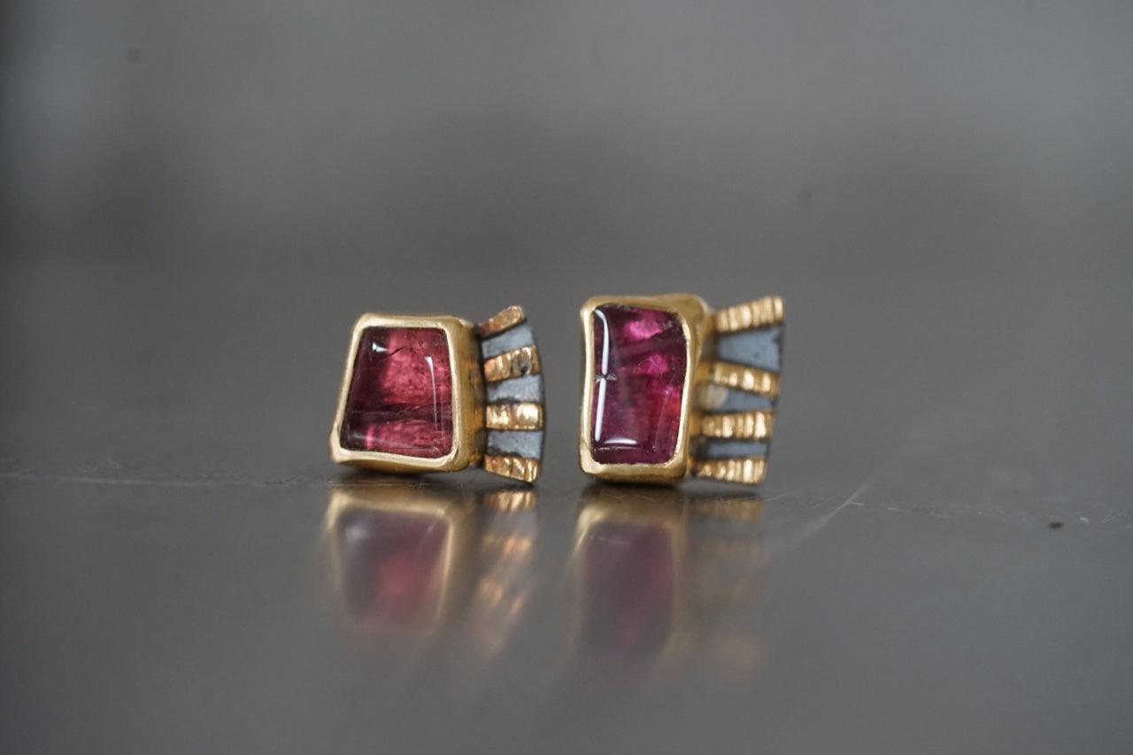 Fuchsia tourmaline and 22k gold asymmetrical post earrings