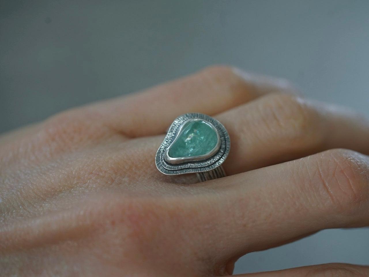 Carved aqua blue tourmaline ring, size 6.75