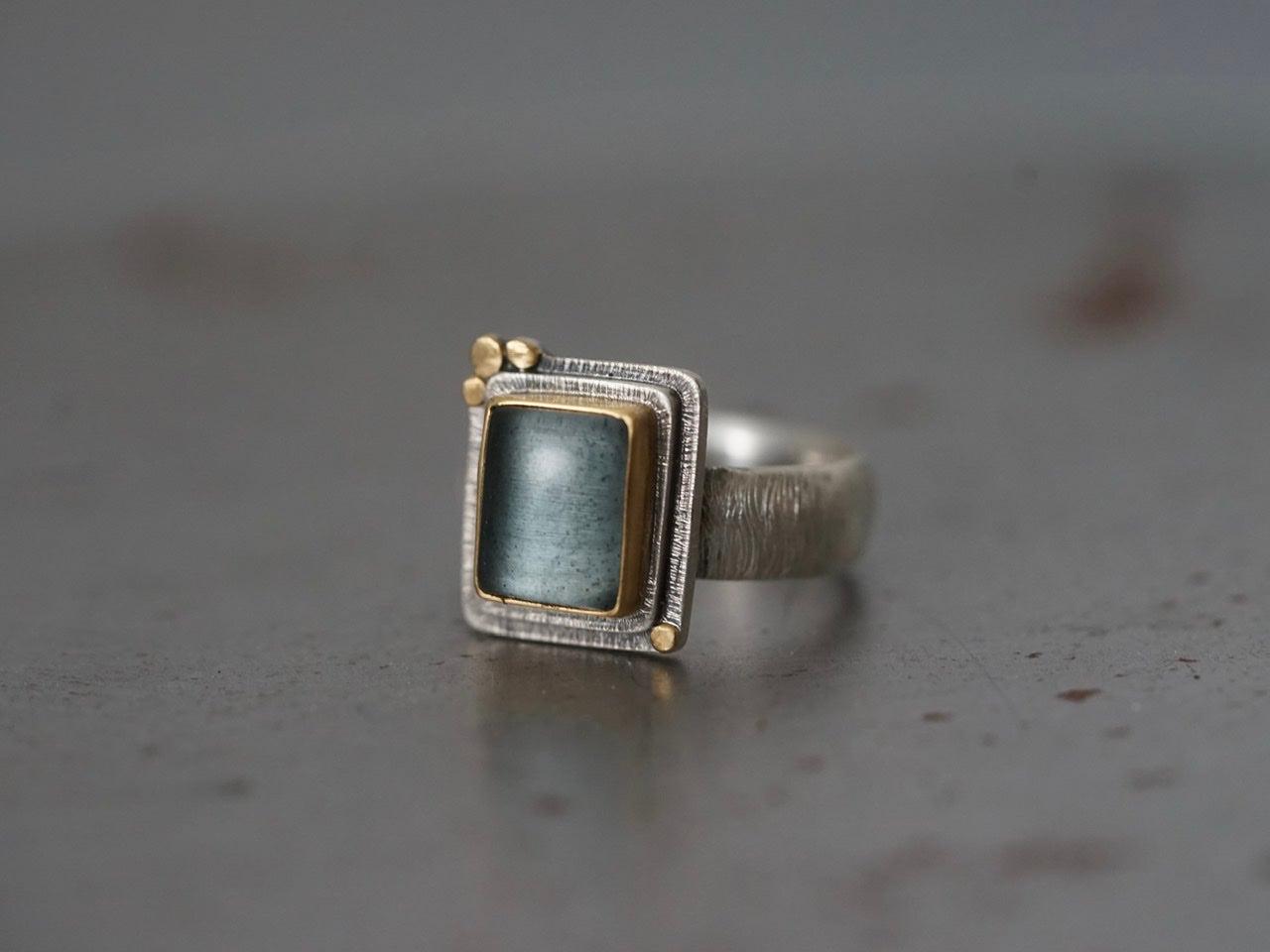 Rectangular aquamarine and 22k gold statement ring, size 7.5